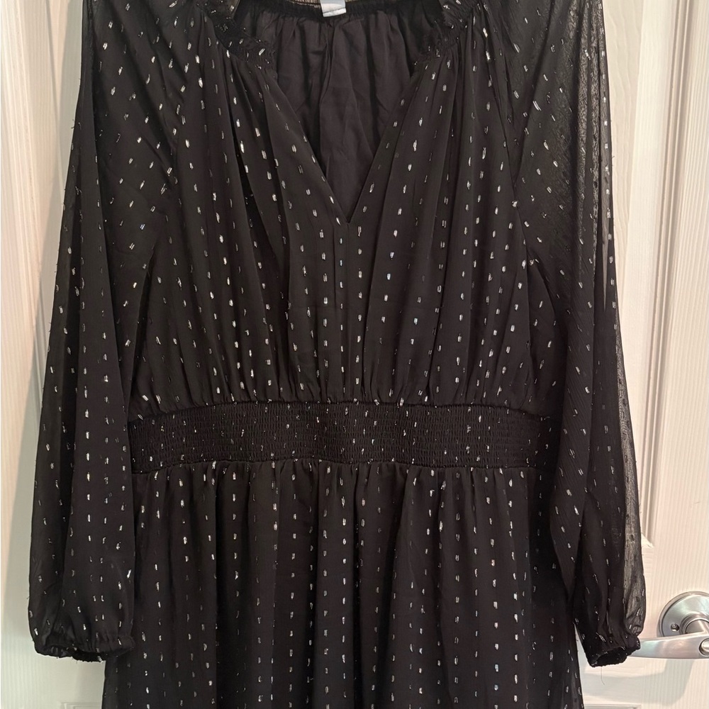 Old Navy Black Long Sleeve Smocked Waist Dress with Silver Dot Accents